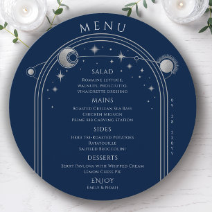 Mystical Blue Silver Sun Moon Stars Space Wedding Menu