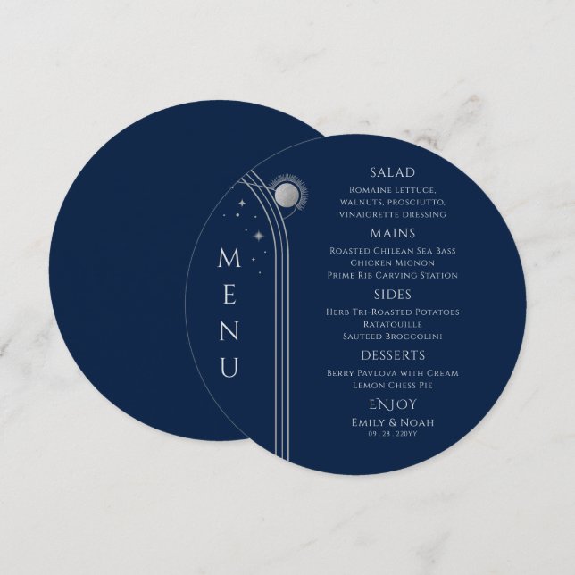 Mystical Blue Silver Sun Moon Stars Space Wedding Menu (Front/Back)