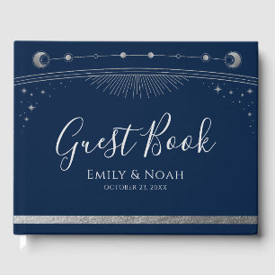 Mystical Blue Silver Sun Moon Stars Wedding Guest Book