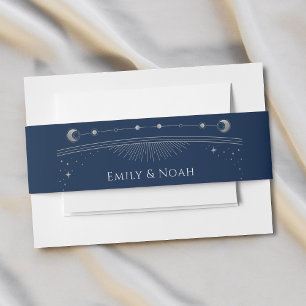 Mystical Blue Silver Sun Moon Stars Wedding Invitation Belly Band