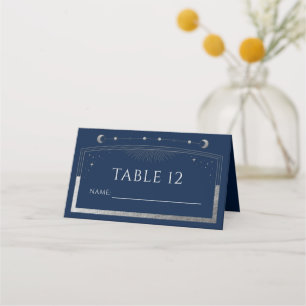 Mystical Blue Silver Sun Moon Stars Wedding Place Card