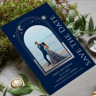 Mystical Blue Silver Sun Moon Stars Wedding Save The Date