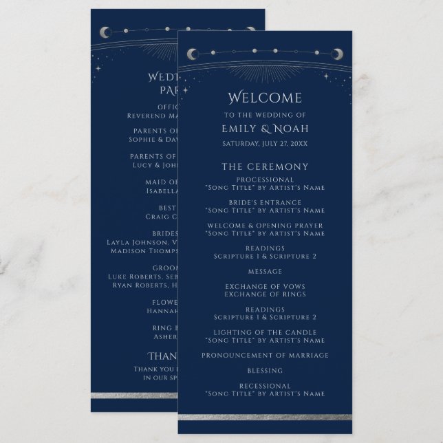 Mystical Blue Silver Sun Star Moon Space Wedding Program (Front/Back)