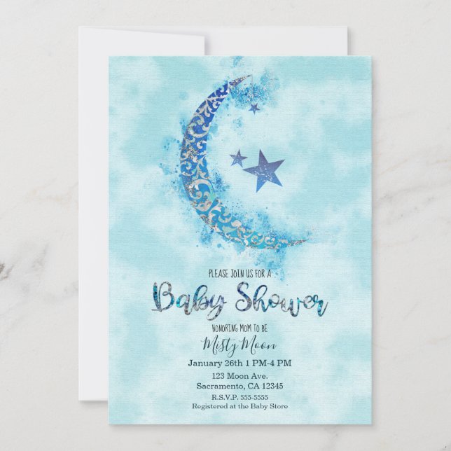 Mystical Blue & Silver Watercolor Half Lunar Moon Invitation (Front)