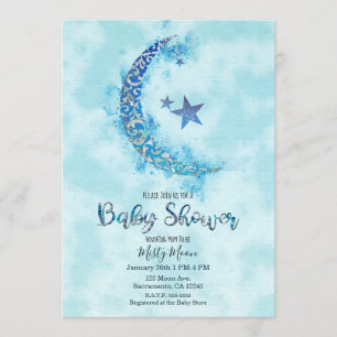 Mystical Blue & Silver Watercolor Half Lunar Moon Invitation