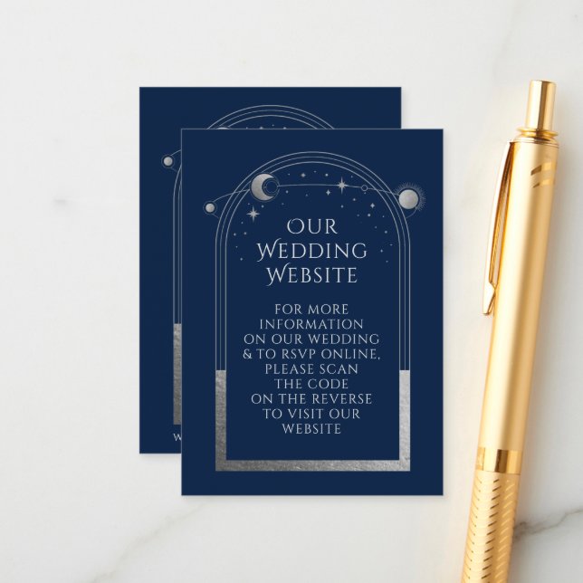 Mystical Blue Silver Wedding Website RSVP QR Code Enclosure Card (Front/Back In Situ)