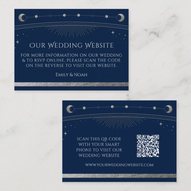 Mystical Blue Silver Wedding Website RSVP QR Code Enclosure Card (Front/Back)