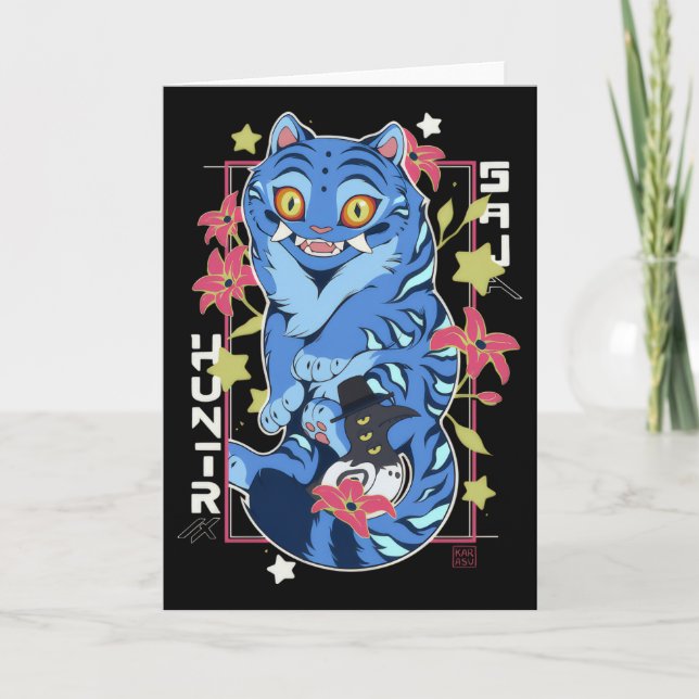 Mystical Blue Tiger Japanese Folk Art Style Card (Front)