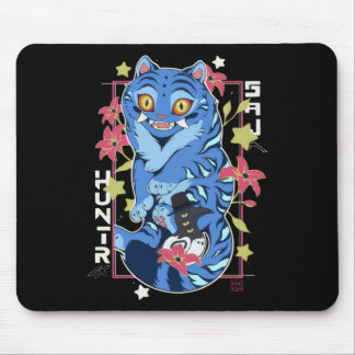 Mystical Blue Tiger Japanese Folk Art Style Mouse Pad
