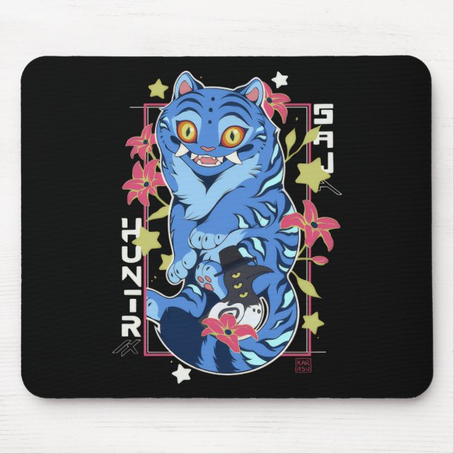 Mystical Blue Tiger Japanese Folk Art Style Mouse Pad (Front)