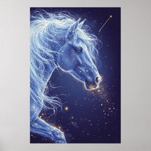 Mystical Blue Unicorn in Starry Night Sky Poster