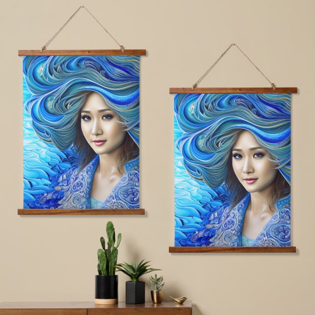 Mystical Blue Waves Fantasy Water Goddess Artwork Hanging Tapestry (Asymmetrical)