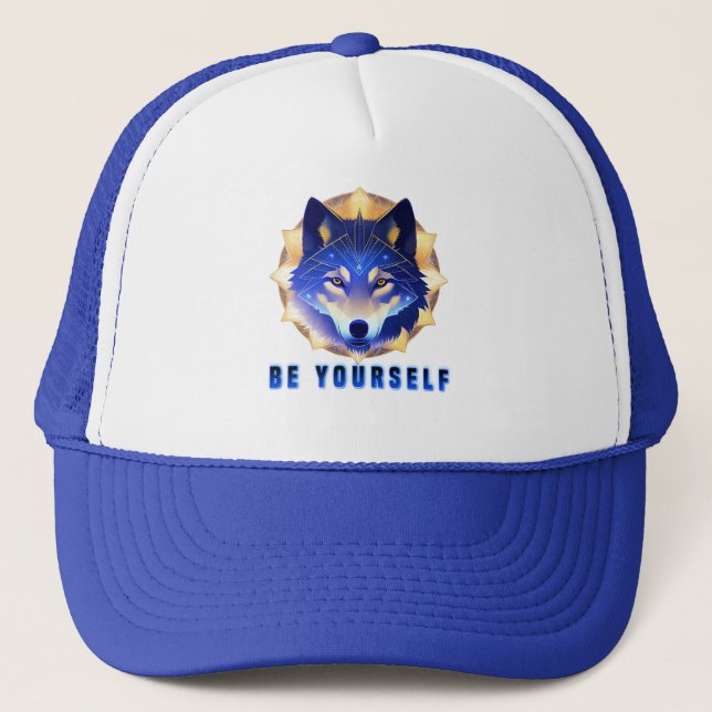 Mystical Blue Wolf Head Trucker Hat (Front)