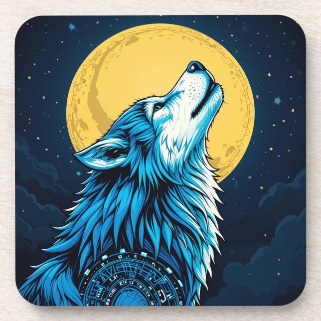 Mystical Blue Wolf Howling at a Full Moon Coaster (Front)