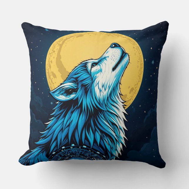 Mystical Blue Wolf Howling at a Full Moon Cushion (Front)