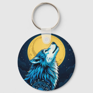 Mystical Blue Wolf Howling at a Full Moon Key Ring