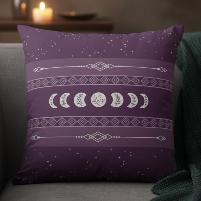 Mystical Bohemian Plum Celestial Moon Phase Cushion (Ideal for those searching for Boho, Witchy, Aesthetic, or Spiritual Wellness decor)