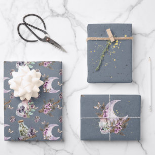 Mystical Boho Lavender Anemone Moon and Bottles Wrapping Paper Sheet
