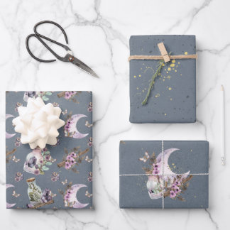 Mystical Boho Lavender Anemone Moon and Bottles Wrapping Paper Sheet
