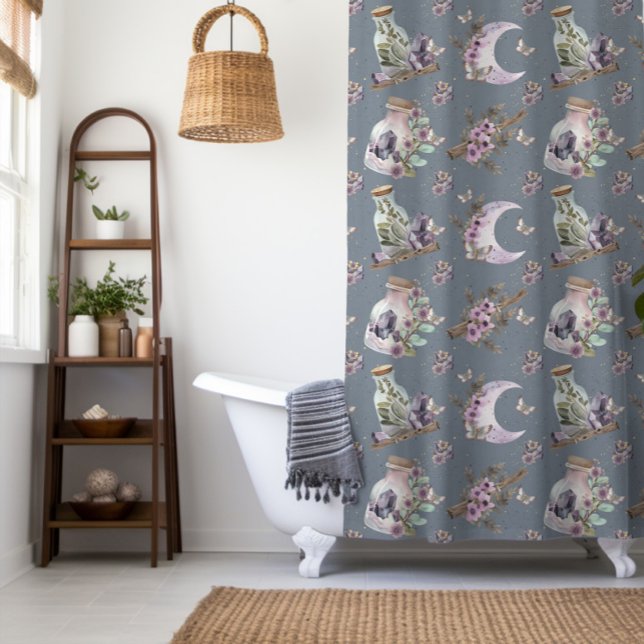 Mystical Boho Lavender Anemone Moon and Potions Shower Curtain (Creator Uploaded)