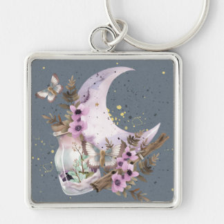 Mystical Boho Lavender Anemone Moon  Key Ring