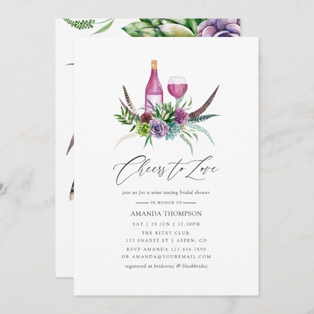 Mystical Boho Succulent Bridal Shower Wine Tasting Invitation (Front/Back)