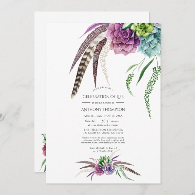 Mystical Boho Succulent Celebration of Life Photo Invitation (Front/Back)