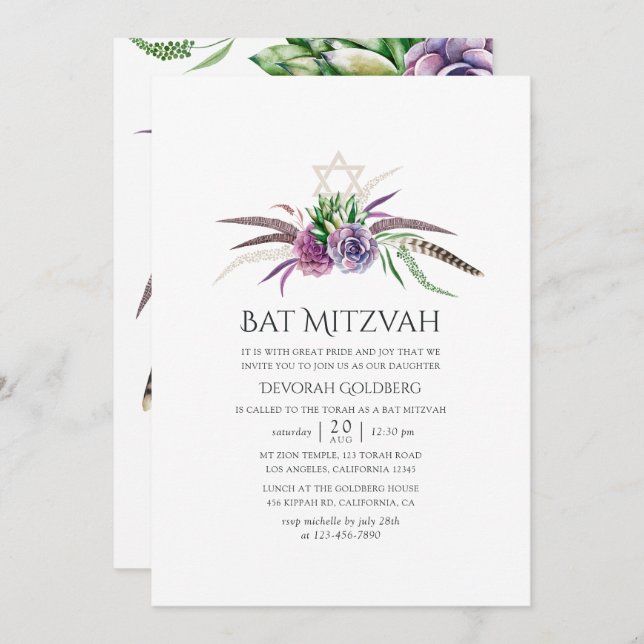 Mystical Boho Succulents Bat Mitzvah Invitation (Front/Back)