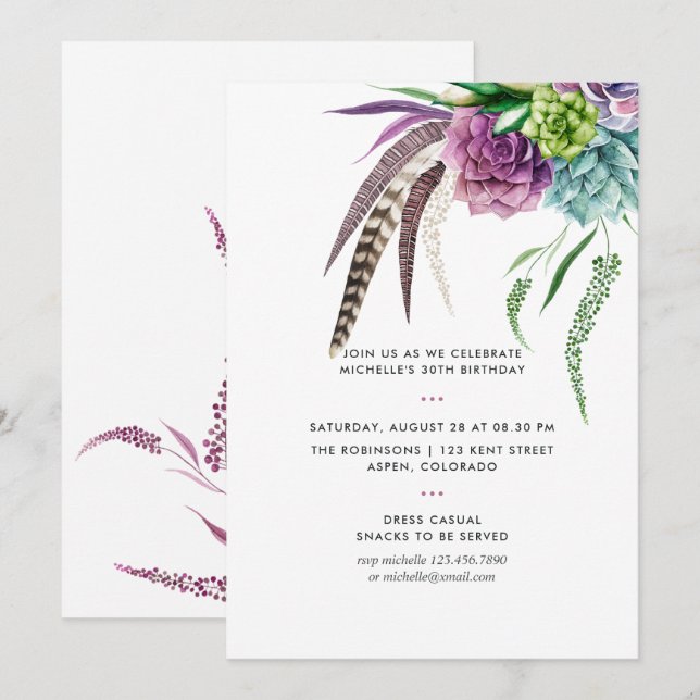 Mystical Boho Watercolor Succulent Birthday Party Invitation (Front/Back)