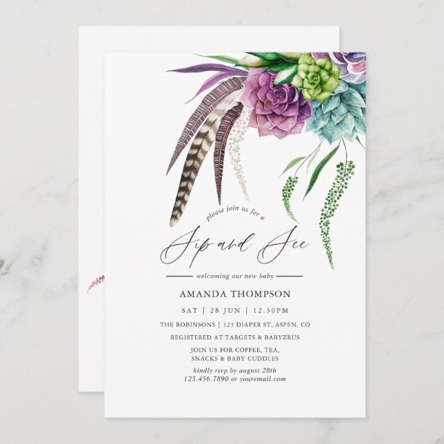 Mystical Boho Watercolor Succulent Sip and See Invitation (Front/Back)