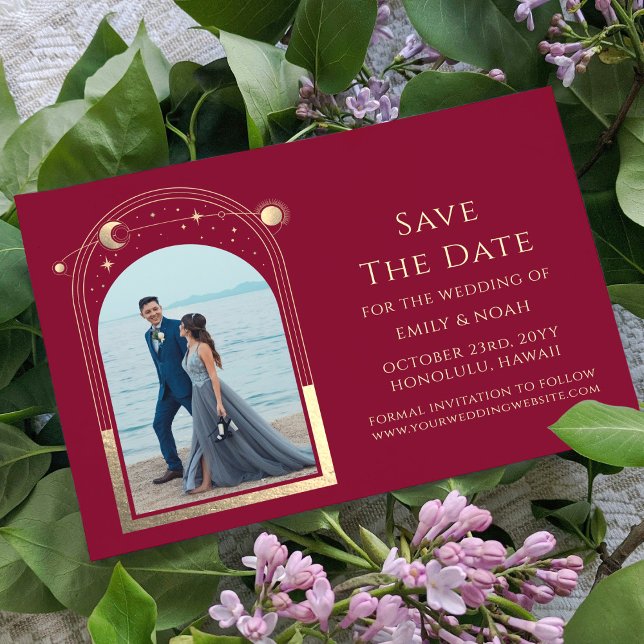 Mystical Burgundy Gold Sun Moon Star Space Save The Date (Creator Uploaded)