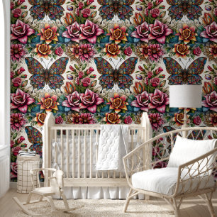 Mystical Butterfly & Blooming Roses Wallpaper