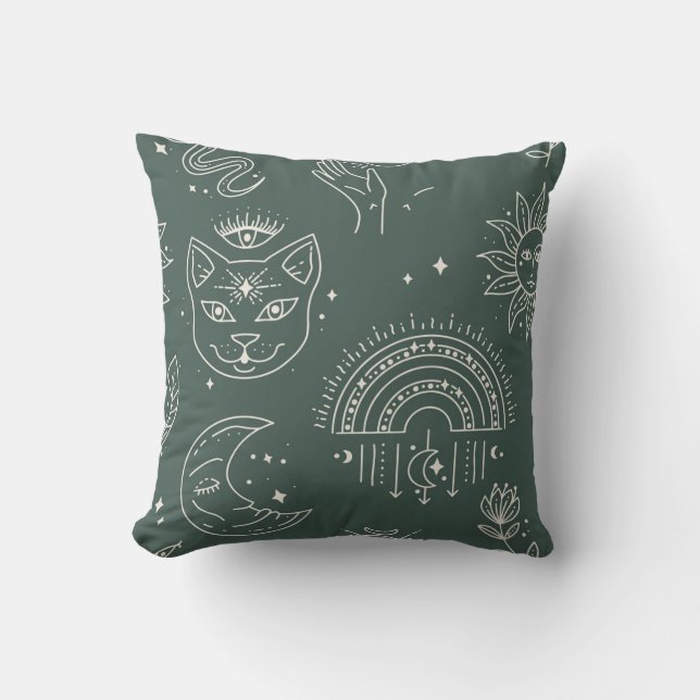  Mystical Cat and Celestial Symbols Pillow (Front)