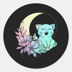 Mystical Cat Crescent Moon Pastel Goth Wicca Classic Round Sticker