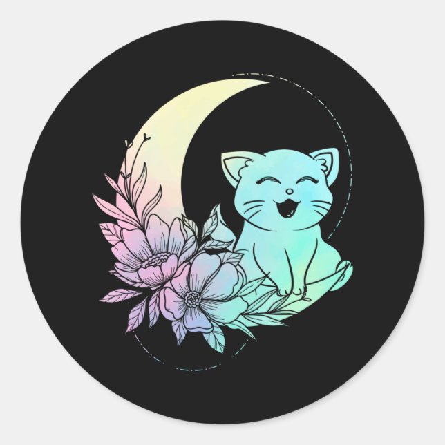 Mystical Cat Crescent Moon Pastel Goth Wicca Classic Round Sticker (Front)