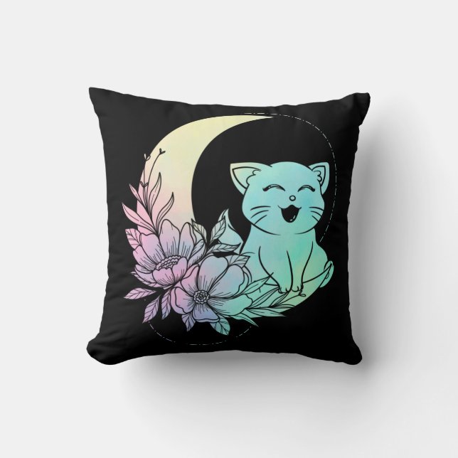 Mystical Cat Crescent Moon Pastel Goth Wicca Cushion (Front)