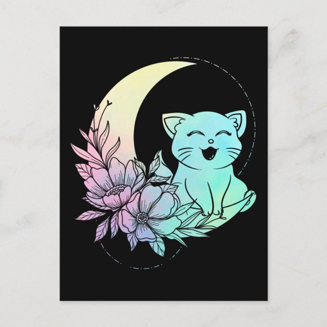 Mystical Cat Crescent Moon Pastel Goth Wicca Postcard (Front)
