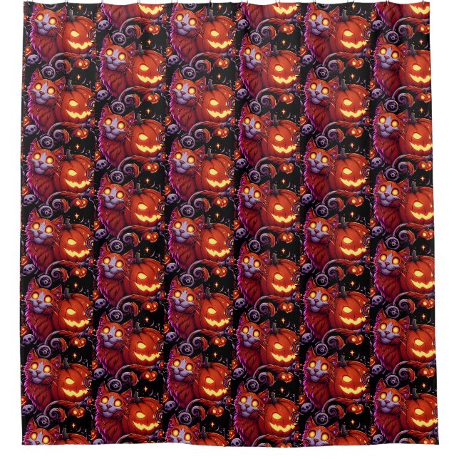 Mystical Cat & Glowing Pumpkins Shower Curtain (Front)