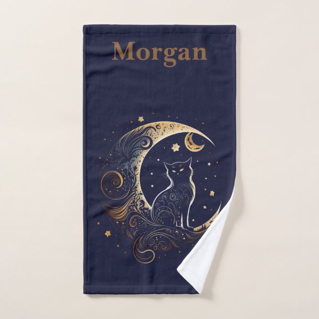 Mystical Cat Moon - Personalised Celestial Gift Bath Towel Set (Hand Towel)