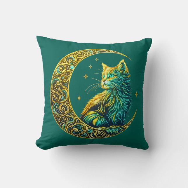 Mystical Cat on Moon Celestial Night Design Cushion (Front)
