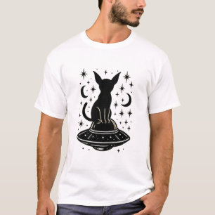 Mystical Cat on UFO with Stars & Moons T-Shirt