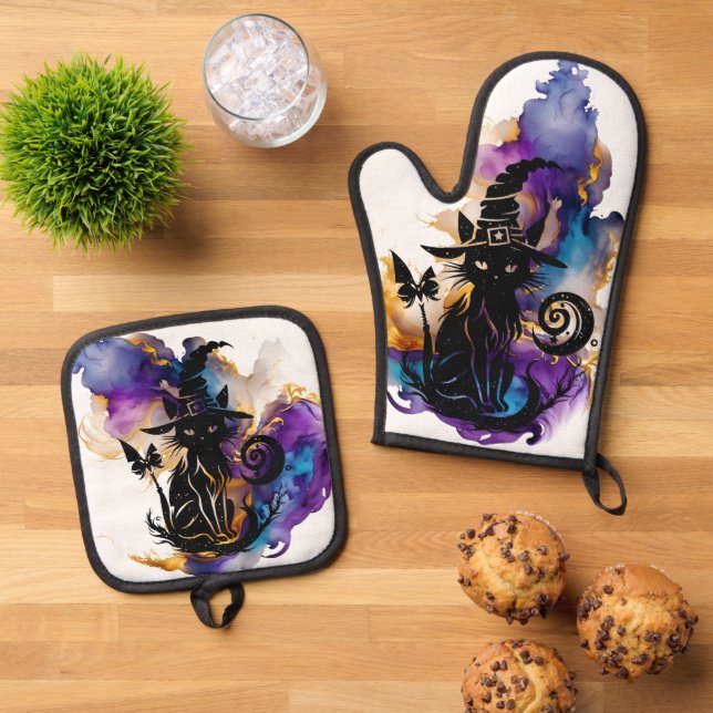 Mystical Cat Oven Mitt & Pot Holder Set (Top Down)