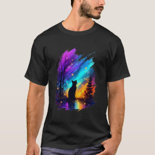 Mystical Cat Silhouette Northern Lights Black T-Shirt