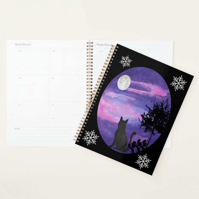 Mystical Cat Under Moon – Dreamy Purple Night Wate Planner (Display)