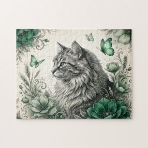 Mystical Cat With Flowers Jigsaw Puzzle