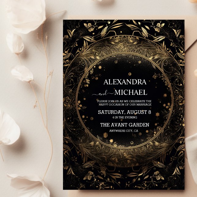 Mystical Celestial Black and Gold Wedding Invitation (Creator Uploaded)