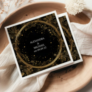Mystical Celestial Black and Gold Wedding Napkin
