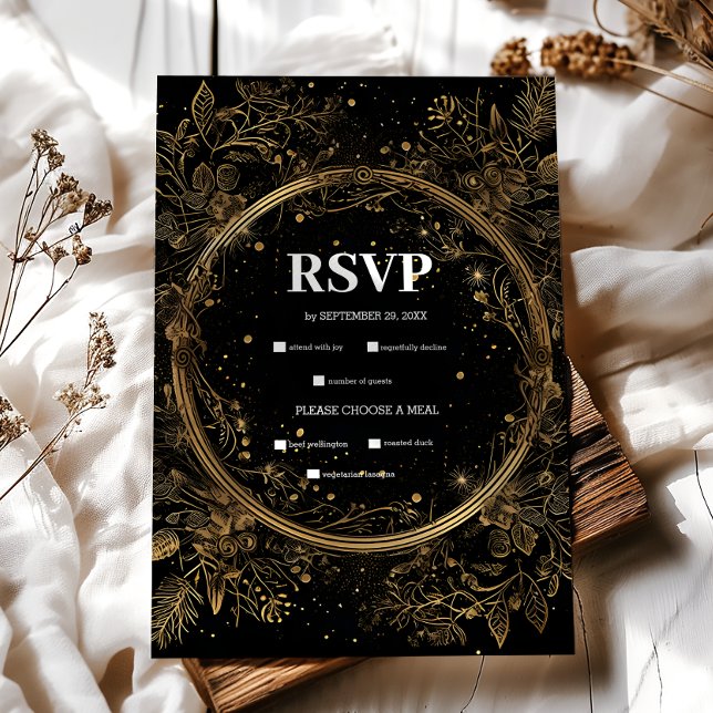 Mystical Celestial Black and Gold Wedding RSVP Card (Creator Uploaded)