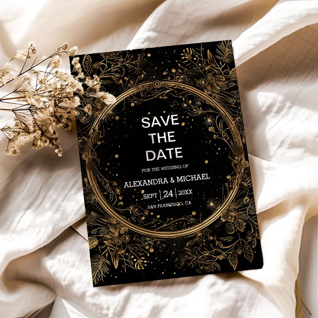 Mystical Celestial Black and Gold Wedding Save The Date (Creator Uploaded)