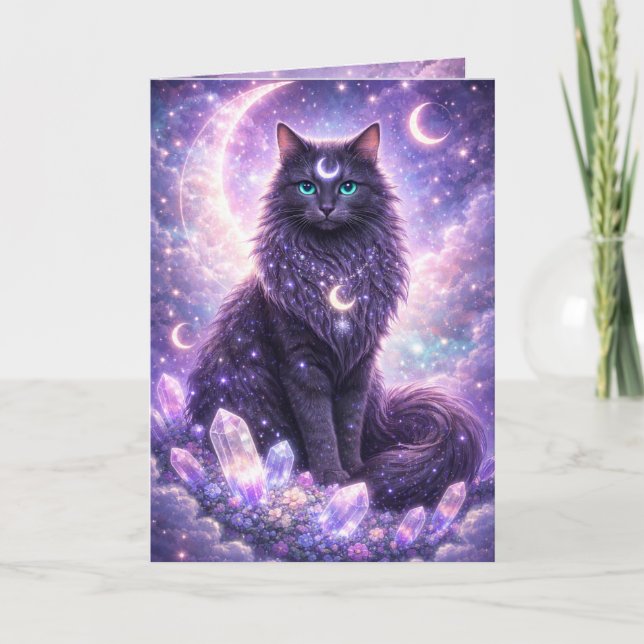 Mystical Celestial Cat Moon Galaxy Fantasy Magical Card (Front)